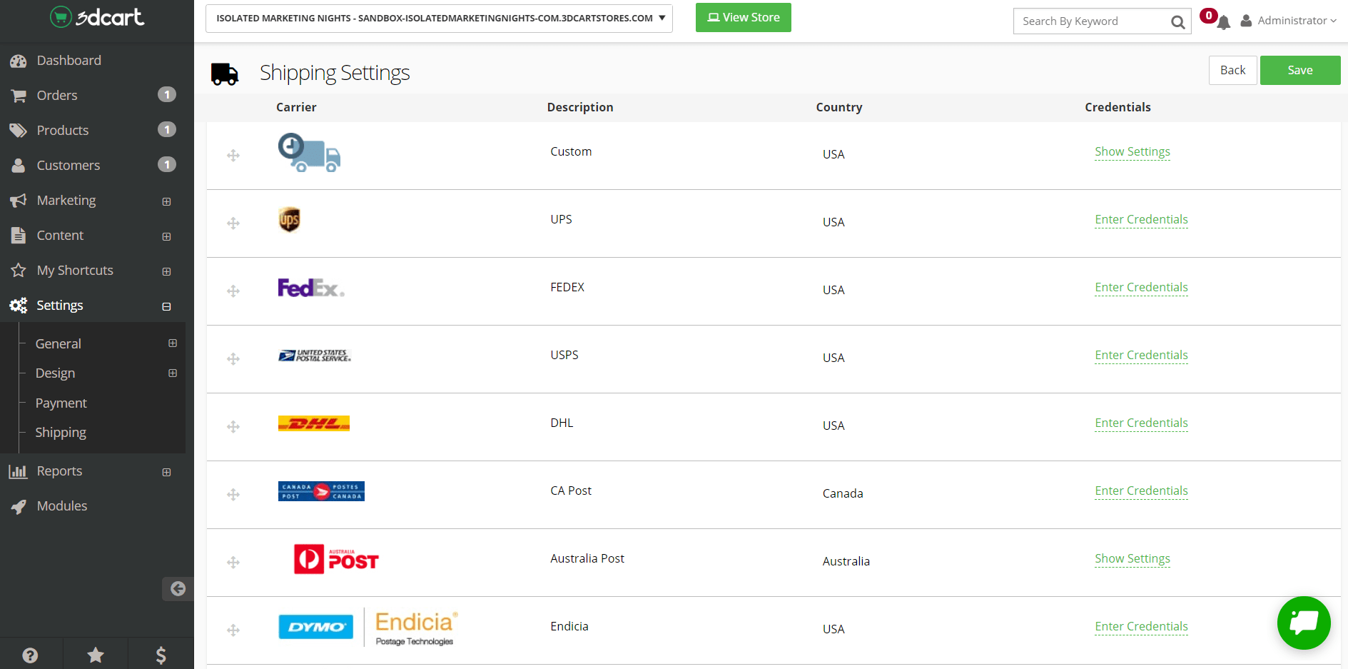 3dcart real-time shipping settings