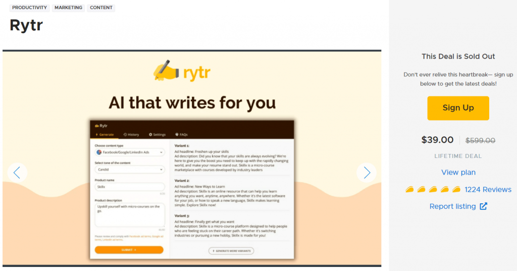 rytr lifetime deal